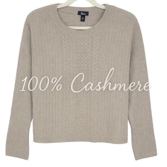 AQUA Cashmere Cable Knit Sweater Tan Beige L Cozy 100% Wool Fall Classic - Picture 1 of 6